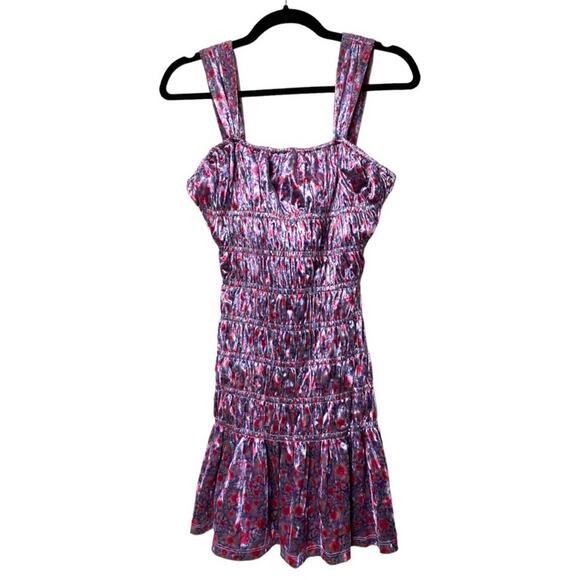 NWT ENGLISH FACTORY DRESS S PURPLE FLORAL VELVET SMOCKED SLEEVELESS MINI SHORT - Picture 1 of 10